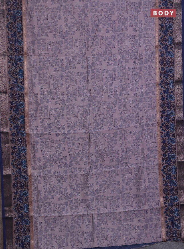 Chanderi silk cotton saree grey and blue with allover prints and rettapet printed banarasi style border