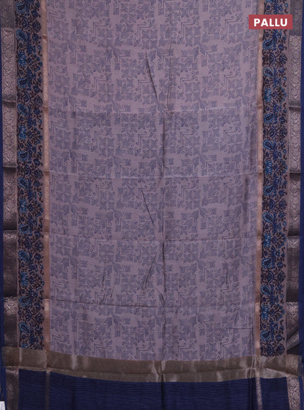 Chanderi silk cotton saree grey and blue with allover prints and rettapet printed banarasi style border