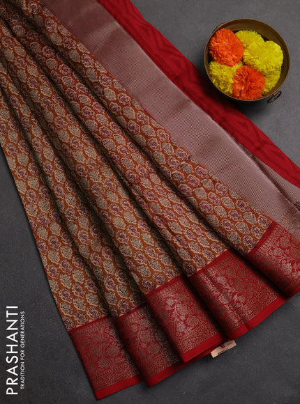 Chanderi silk cotton saree dark mustard and red with allover butta prints and banarasi style border