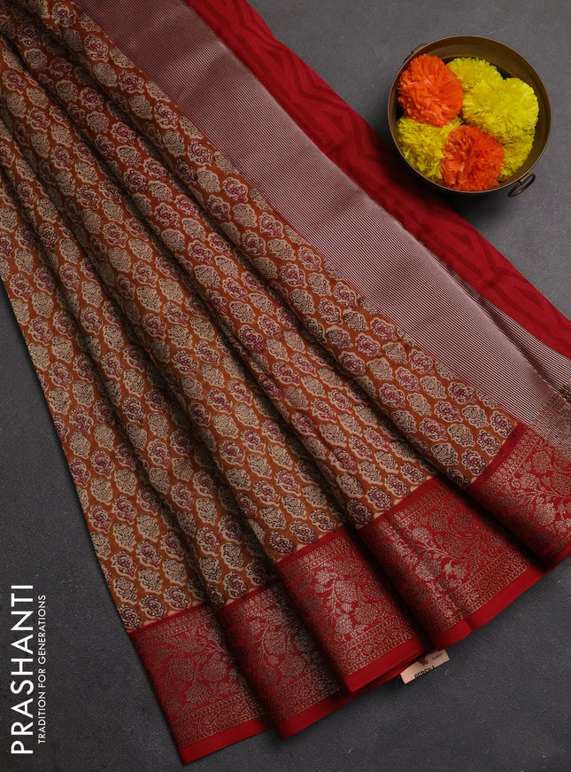 Chanderi silk cotton saree dark mustard and red with allover butta prints and banarasi style border