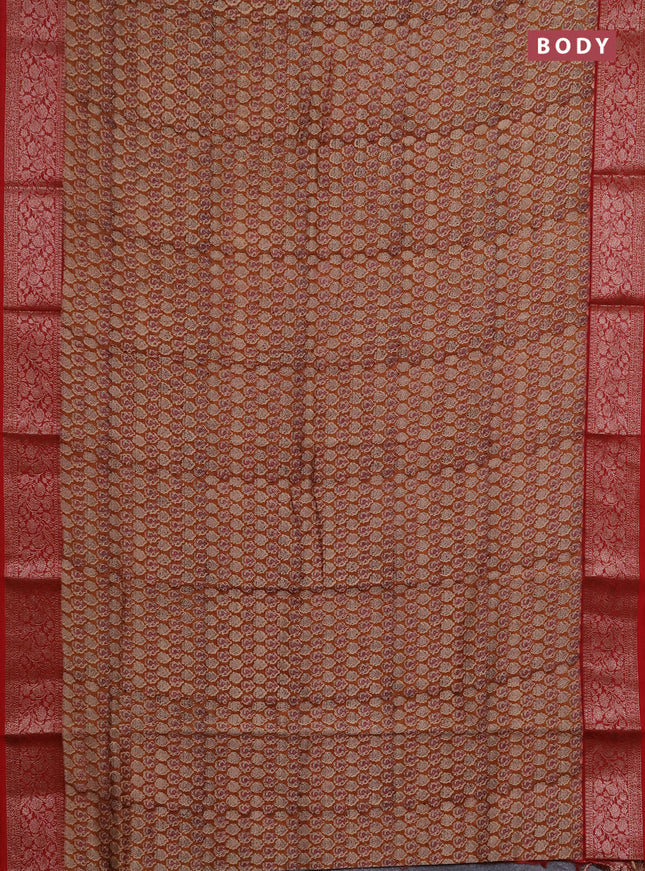 Chanderi silk cotton saree dark mustard and red with allover butta prints and banarasi style border