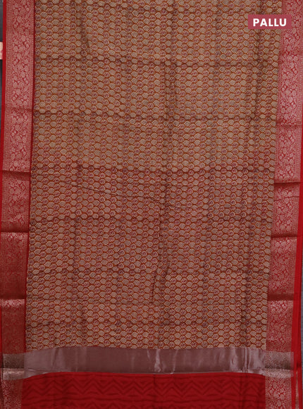 Chanderi silk cotton saree dark mustard and red with allover butta prints and banarasi style border
