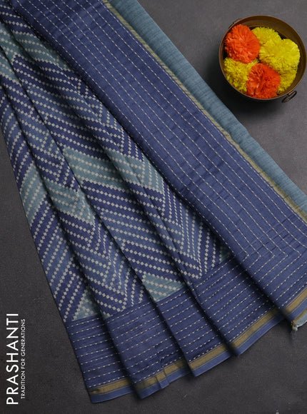 Chanderi silk cotton saree grey with allover geometric prints and kantha stitch work border
