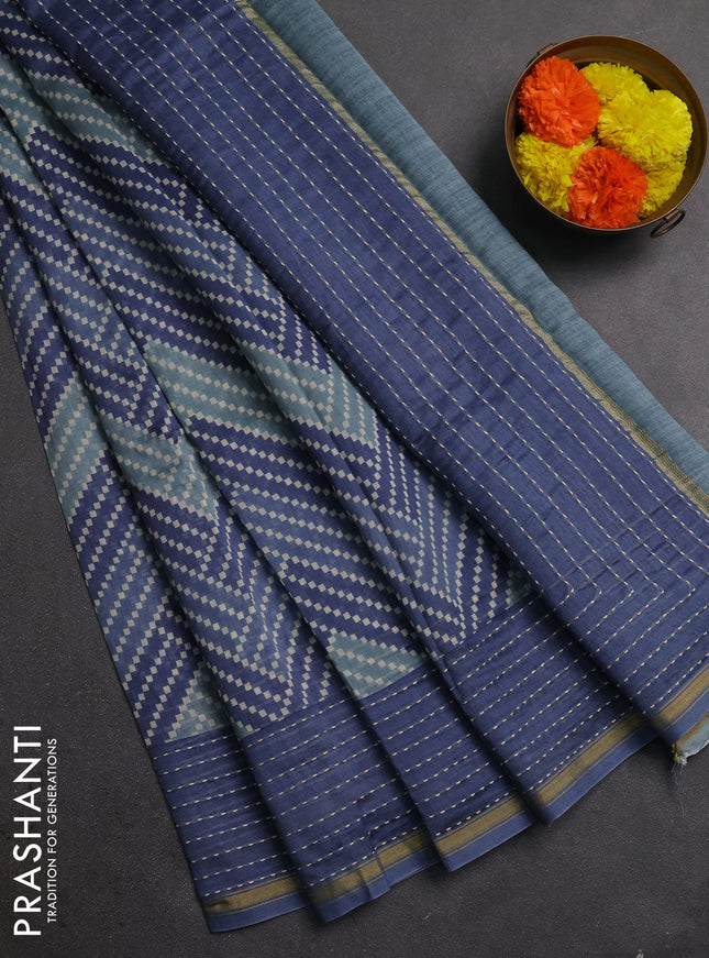Chanderi silk cotton saree grey with allover geometric prints and kantha stitch work border