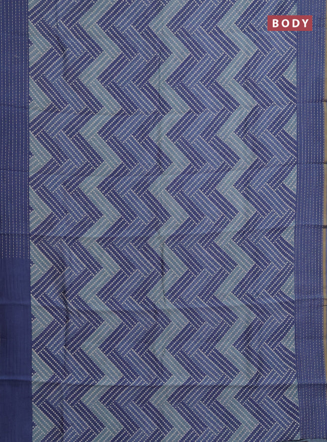 Chanderi silk cotton saree grey with allover geometric prints and kantha stitch work border