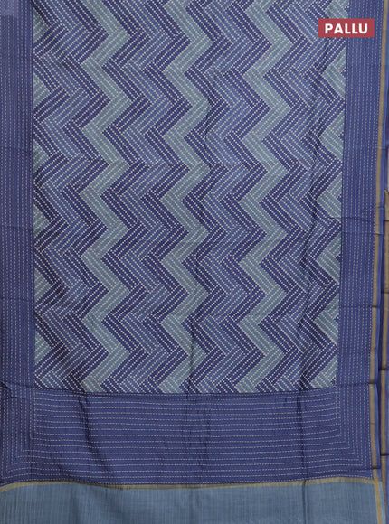 Chanderi silk cotton saree grey with allover geometric prints and kantha stitch work border