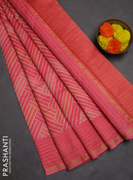 Chanderi silk cotton saree peach pink with allover geometric prints and kantha stitch work border