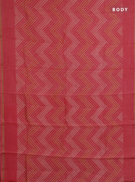 Chanderi silk cotton saree peach pink with allover geometric prints and kantha stitch work border