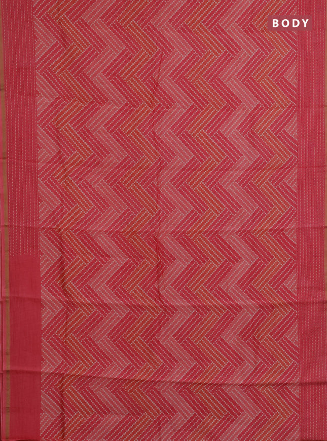Chanderi silk cotton saree peach pink with allover geometric prints and kantha stitch work border