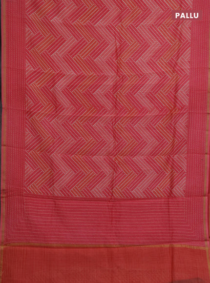 Chanderi silk cotton saree peach pink with allover geometric prints and kantha stitch work border