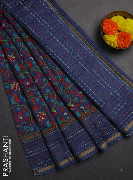 Chanderi silk cotton saree bluish grey with allover prints and kantha stitch work border