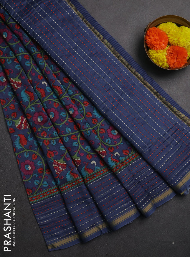 Chanderi silk cotton saree bluish grey with allover prints and kantha stitch work border