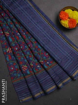 Chanderi silk cotton saree bluish grey with allover prints and kantha stitch work border