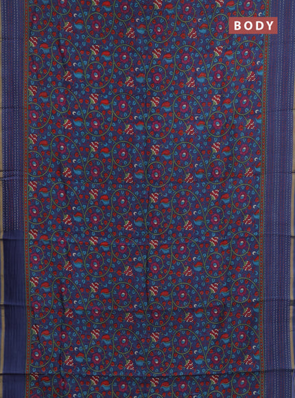 Chanderi silk cotton saree bluish grey with allover prints and kantha stitch work border