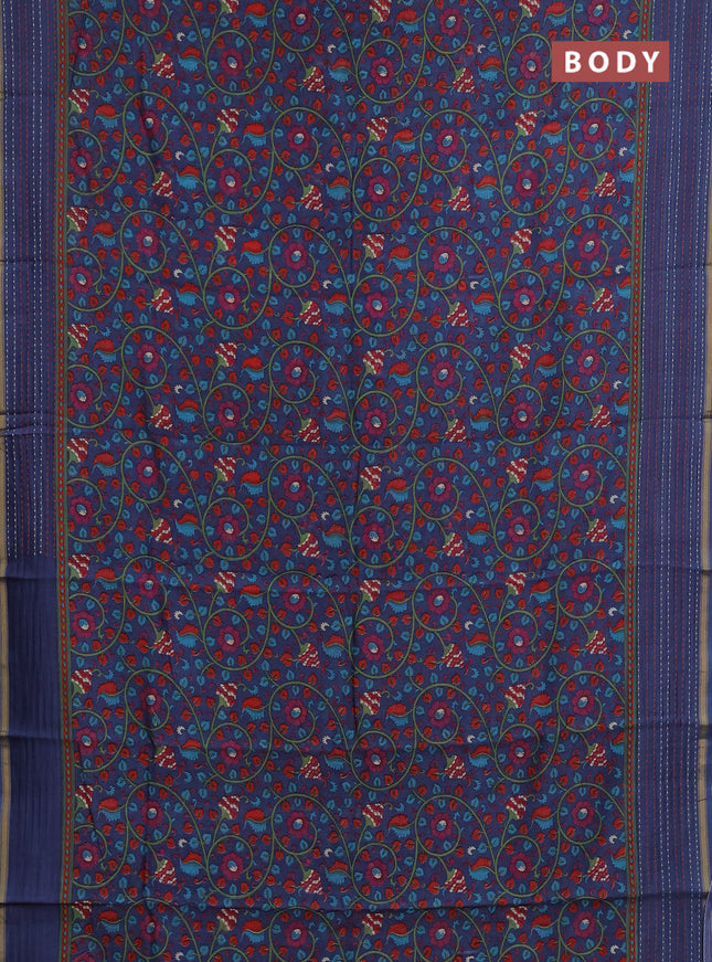 Chanderi silk cotton saree bluish grey with allover prints and kantha stitch work border