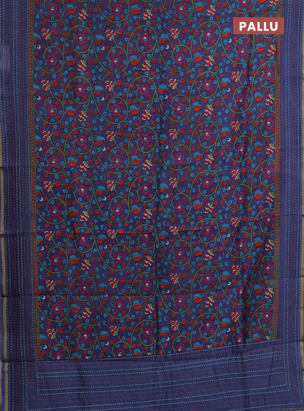 Chanderi silk cotton saree bluish grey with allover prints and kantha stitch work border