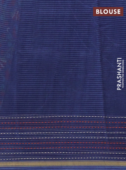 Chanderi silk cotton saree bluish grey with allover prints and kantha stitch work border
