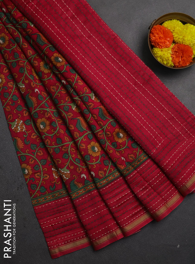 Chanderi silk cotton saree red with allover prints and kantha stitch work border