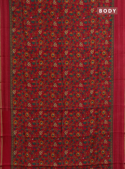Chanderi silk cotton saree red with allover prints and kantha stitch work border