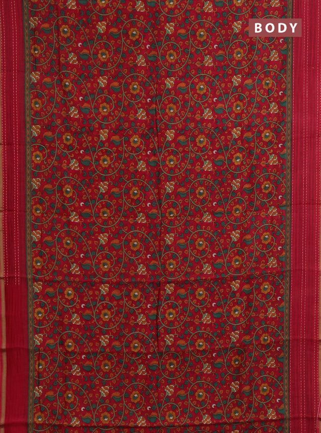 Chanderi silk cotton saree red with allover prints and kantha stitch work border