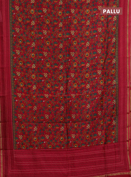 Chanderi silk cotton saree red with allover prints and kantha stitch work border