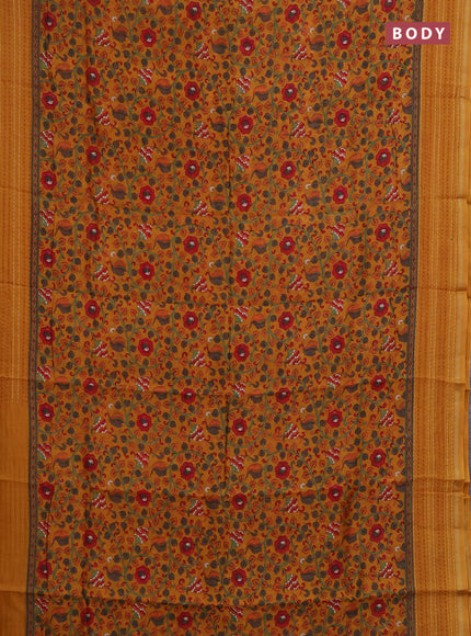 Chanderi silk cotton saree dark mustard with allover kalamkari prints and kantha stitch work border