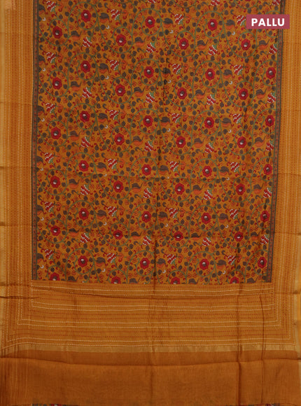 Chanderi silk cotton saree dark mustard with allover kalamkari prints and kantha stitch work border