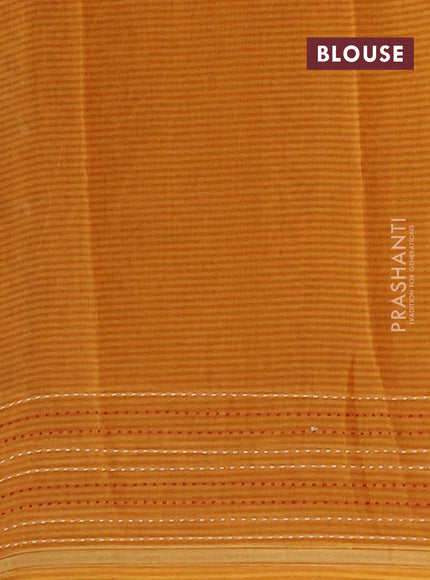 Chanderi silk cotton saree dark mustard with allover kalamkari prints and kantha stitch work border