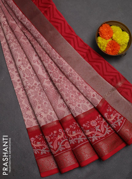 Chanderi silk cotton saree pastel pink and red with allover geometric prints and rettapet printed border