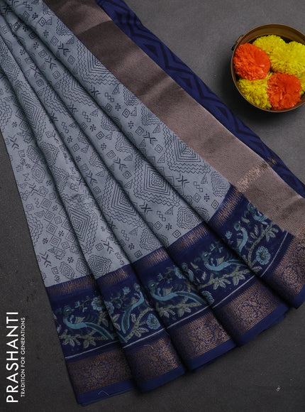 Chanderi silk cotton saree grey and blue with allover geometric prints and rettapet printed border
