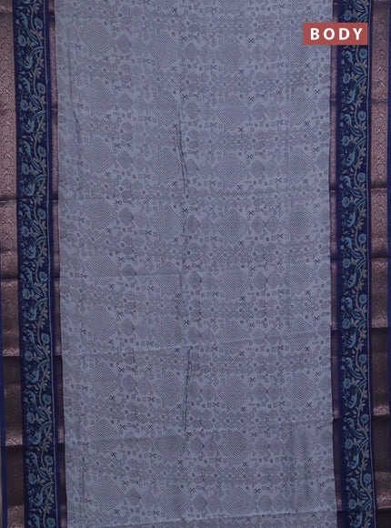 Chanderi silk cotton saree grey and blue with allover geometric prints and rettapet printed border