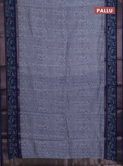 Chanderi silk cotton saree grey and blue with allover geometric prints and rettapet printed border