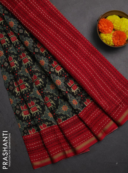 Chanderi silk cotton saree black and red with allover patola prints and kantha stitch work border