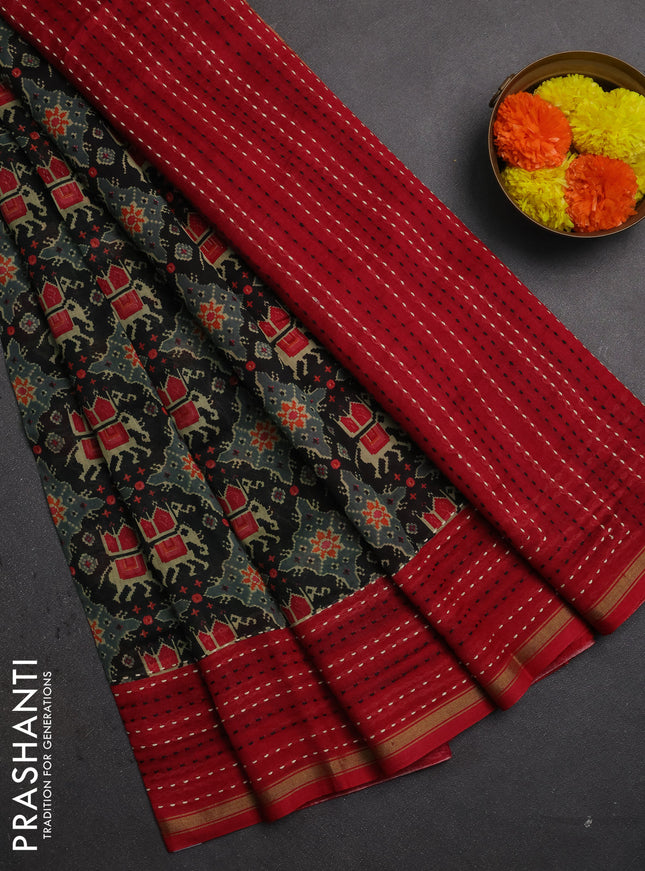 Chanderi silk cotton saree black and red with allover patola prints and kantha stitch work border