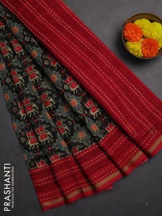 Chanderi silk cotton saree black and red with allover patola prints and kantha stitch work border