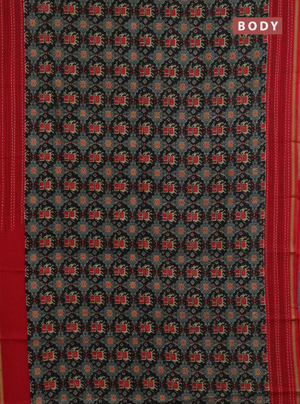 Chanderi silk cotton saree black and red with allover patola prints and kantha stitch work border
