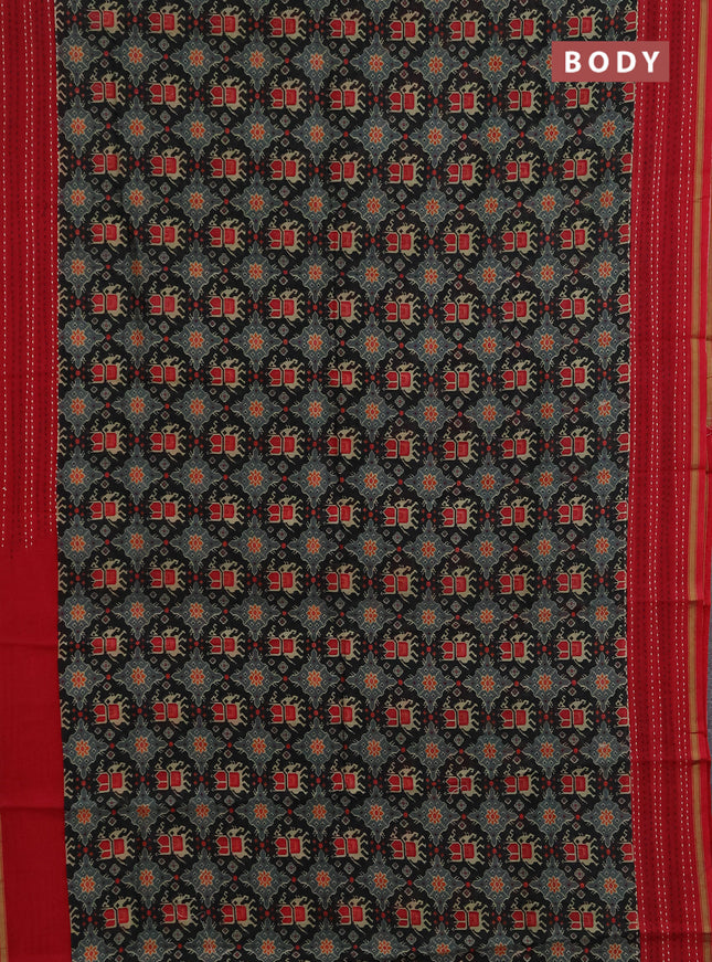 Chanderi silk cotton saree black and red with allover patola prints and kantha stitch work border