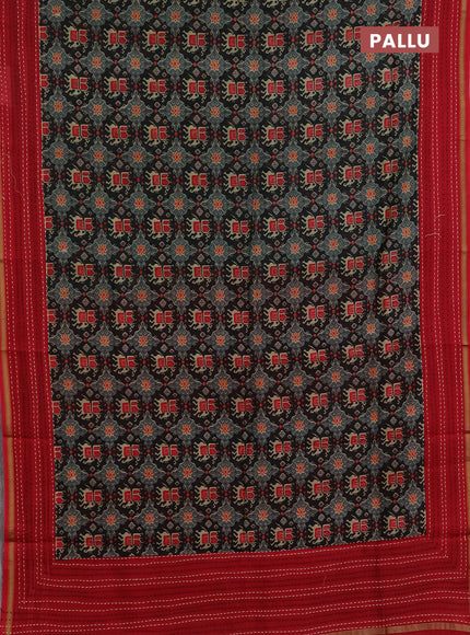 Chanderi silk cotton saree black and red with allover patola prints and kantha stitch work border