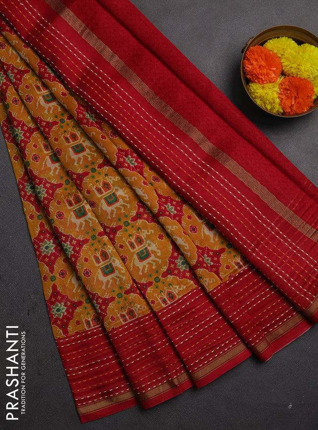 Chanderi silk cotton saree mustard yellow and red with allover patola prints and kantha stitch work border
