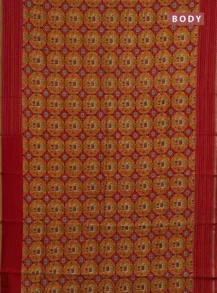 Chanderi silk cotton saree mustard yellow and red with allover patola prints and kantha stitch work border