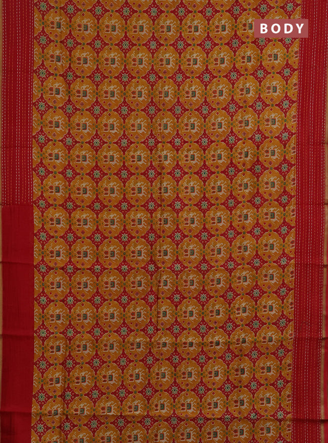 Chanderi silk cotton saree mustard yellow and red with allover patola prints and kantha stitch work border