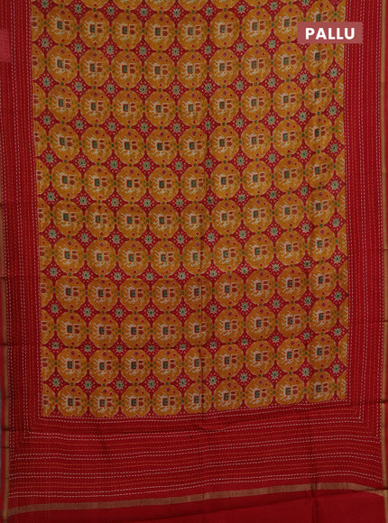 Chanderi silk cotton saree mustard yellow and red with allover patola prints and kantha stitch work border