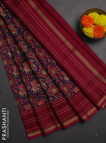 Chanderi silk cotton saree deep purple and magenta pink with allover patola prints and kantha stitch work border