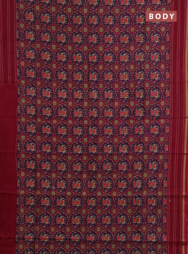 Chanderi silk cotton saree deep purple and magenta pink with allover patola prints and kantha stitch work border