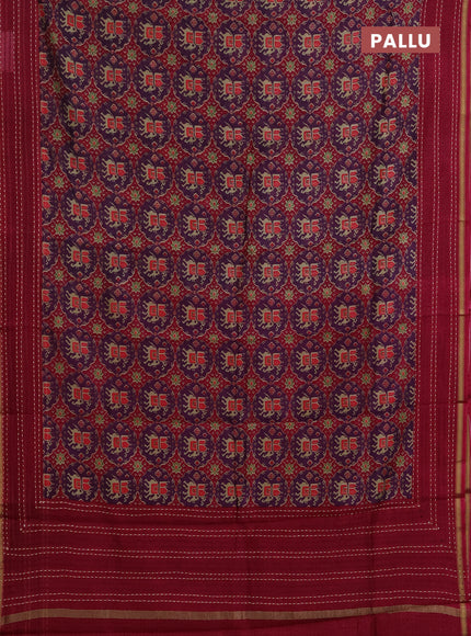 Chanderi silk cotton saree deep purple and magenta pink with allover patola prints and kantha stitch work border