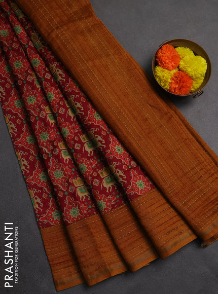 Chanderi silk cotton saree maroon and dark mustard with allover patola prints and kantha stitch work border
