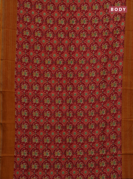Chanderi silk cotton saree maroon and dark mustard with allover patola prints and kantha stitch work border
