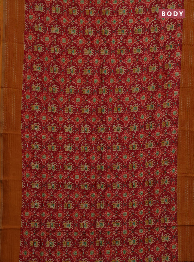 Chanderi silk cotton saree maroon and dark mustard with allover patola prints and kantha stitch work border