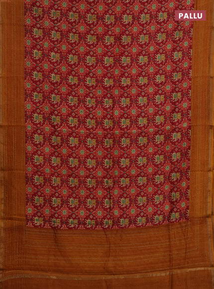 Chanderi silk cotton saree maroon and dark mustard with allover patola prints and kantha stitch work border