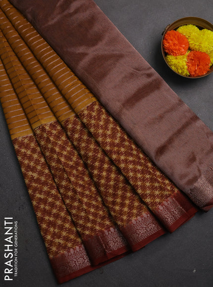 Chanderi silk cotton saree dark mustard and brown with allover thread & zari weaves and long printed banarasi style border